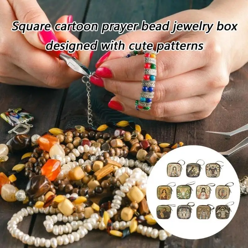 Religious Jewelry Storage Box Catholic Rosary Pouch Coin Purses with Zippers Closures Portable Headphone Bag for Women Men