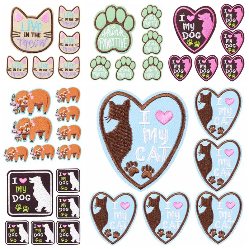 10PCS/lots Love Cat Dog Patch Animal Embroidery Patch Cartoon Iron On Patches For Clothing thermoadhesive Patches On Clothes DIY