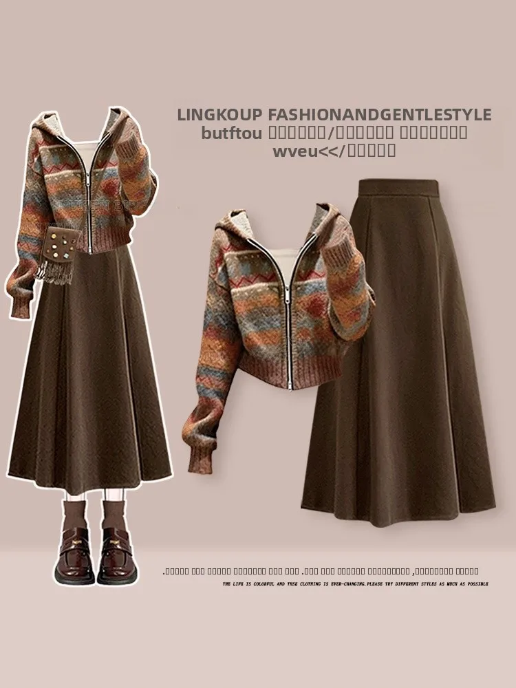 

Retro plus Size Knitted Set for Women with Hat Stripe Design Slimming f Skirt Two Piece Casual Faion Autumn Winter Ensemble