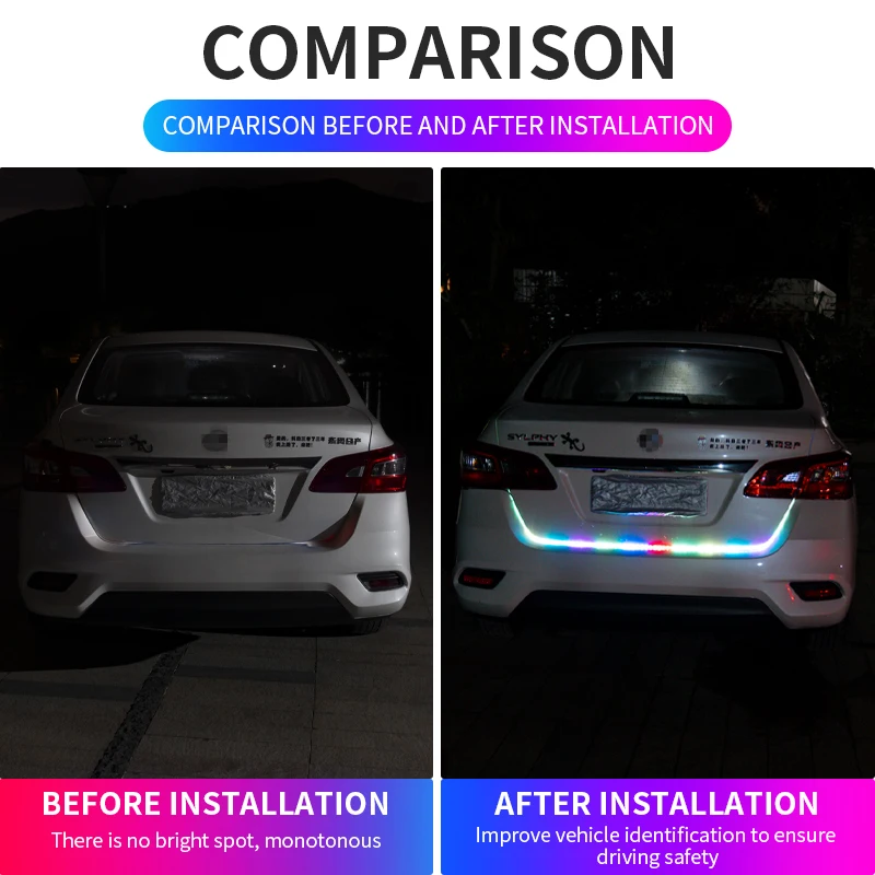 1,5 M Auto Hinten Stamm Rücklicht Bunte Streamer Dynamische Reverse Warnung LED Streifen 12 v Zusätzliche Bremse Folgen blinker Lampe