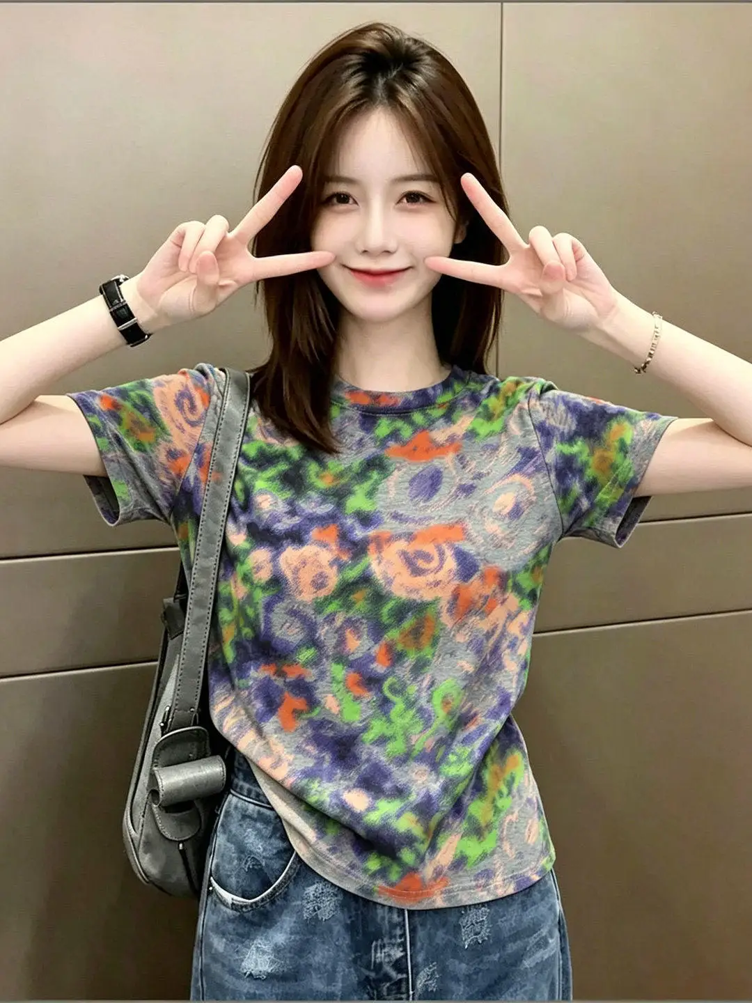 Tie-Dye Loose Women's Short Sleeve T-Shirt round Neck Casual Top Cotton Comfortable Summer Fashion Slimming Effect