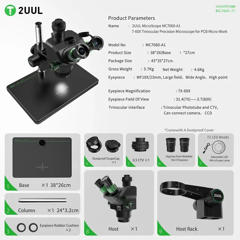 2UUL MC7060-A1 7-60X Zoom Trinocular Microscope for Mobile Phone