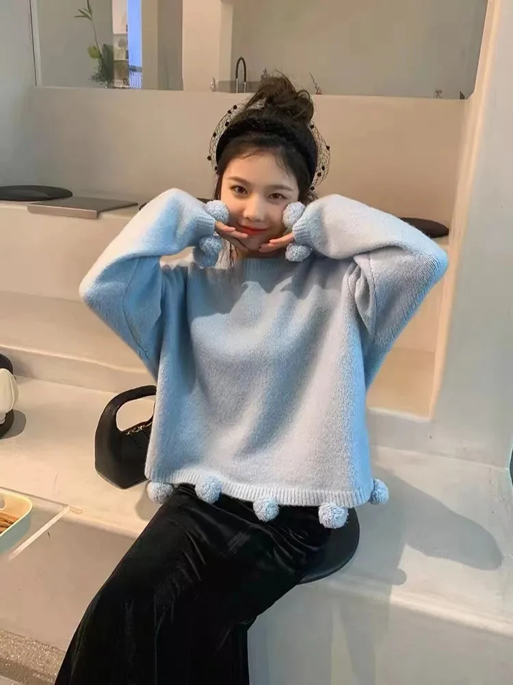 

Sweet Solid Knit Sweater Women Hairball Patchwork Long Sleeve O Neck Pullovers Fall Winter Loose Casual Cute Lazy Wind Jumpers