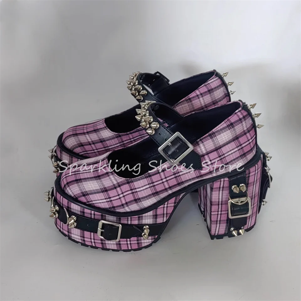 

Y2K Mixed Color Checkered Women Hight Heel Mary Janes Lolita Girl Pumps Punk Rivet Metal Decor Shallow Ladies Leather Shoes