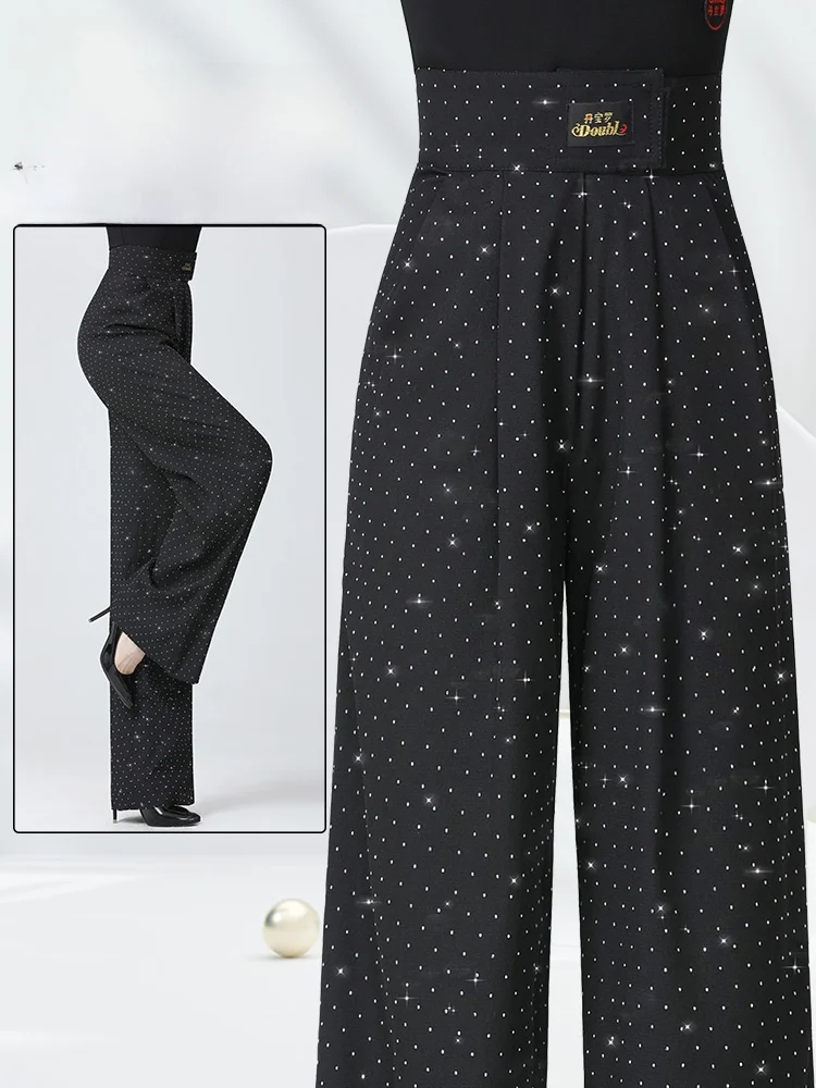 

High Waist Modern Dance Practice Pants Women's Dance Pants with Magic Stickers And Rhinestones Wide Leg Pants for Dancing