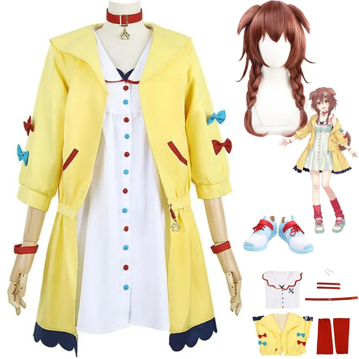 Anime Virtual YouTuber Inugami Korone Doggo Cosplay Costume Yellow Coat Dress Wig Shoes Woman Sexy Lovely Daily Party Suit