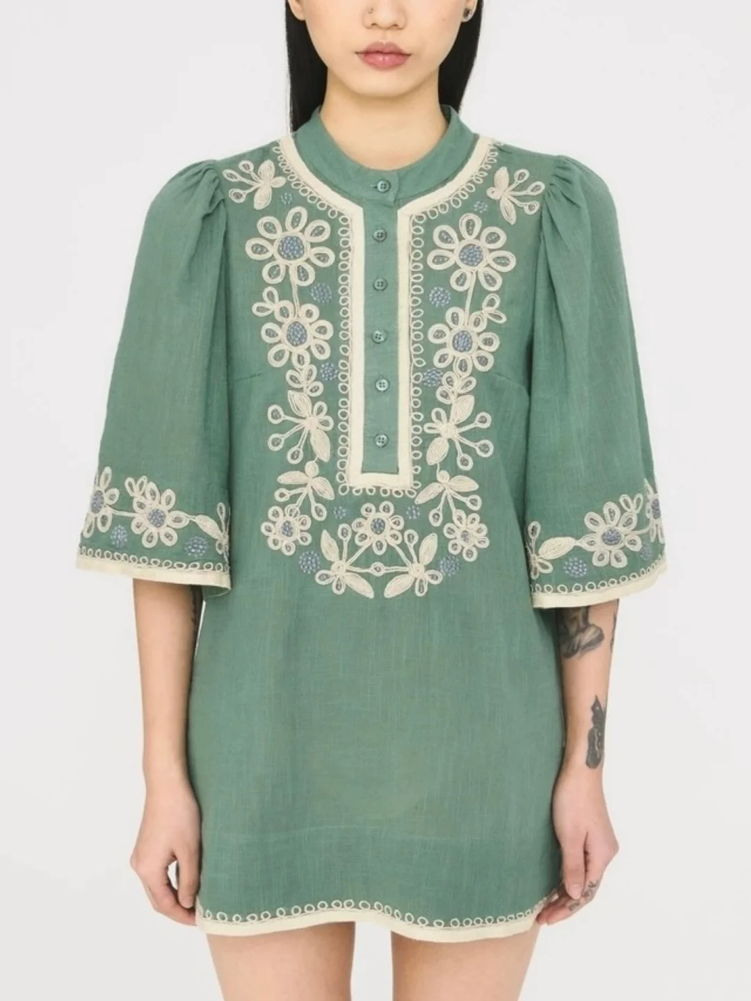 

Retro Embroidery ort Dr with Fluttons Wide Sve Slimming Spring Summer New Arrival Cotton H-Line Dr