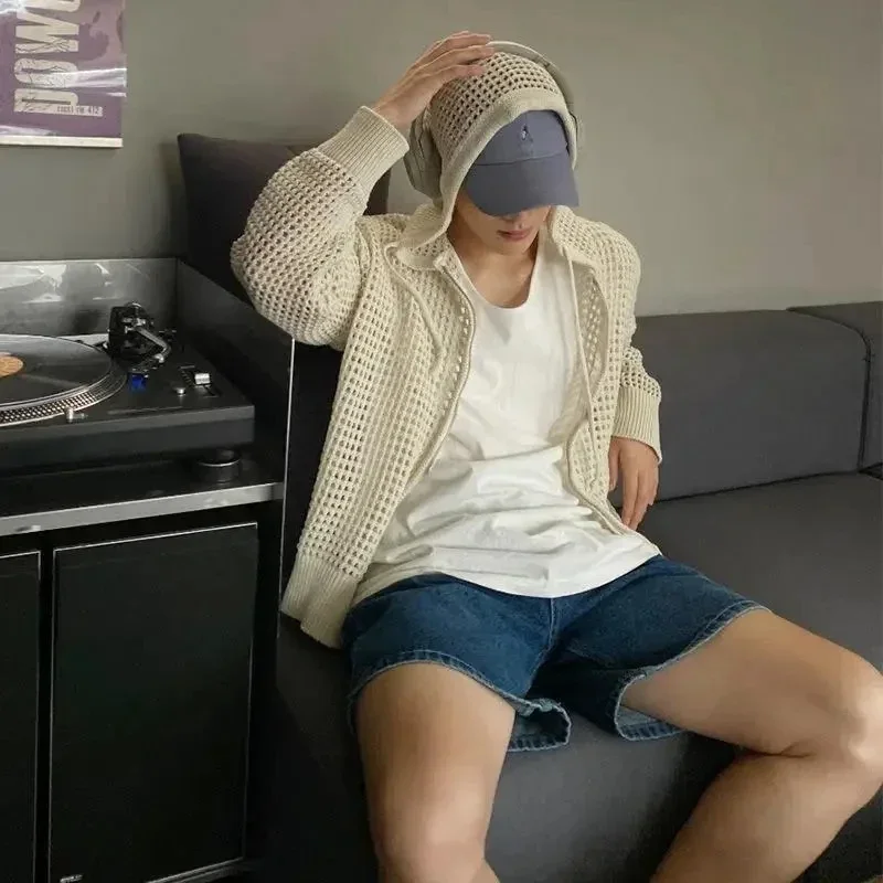 Korea Hipster Hollow Out Men Hooded Jacket Long Sleeve Streetwear Hip-hop Loose Knit Cardigan Sun Protection Solid Coat Casual
