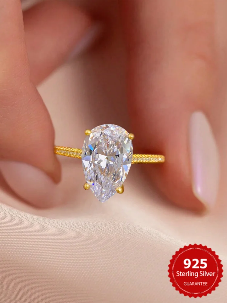 

925 Sterling Silver Simple Classic WaterDrop 4-Carat Zircon Ring For Women Engagement Wedding Luxury High Quality Fine Jewelry