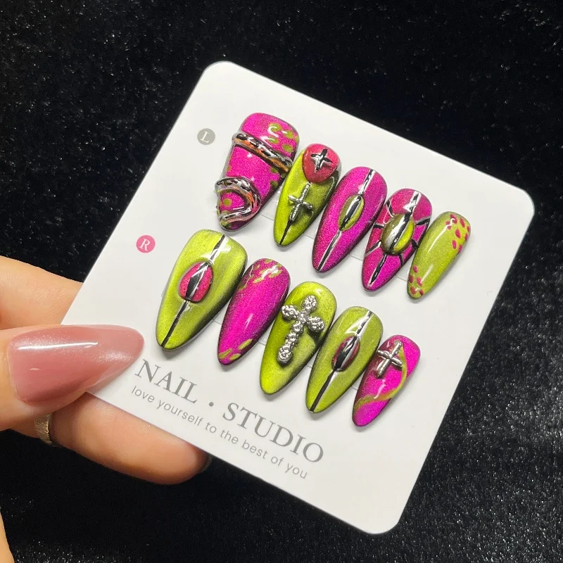 

10PCS Vibrant Bright Pink Almond Press on Nails Green Cat Eye Stylish Metal Cross Chains False Nails Spice Girls Handmade Nails