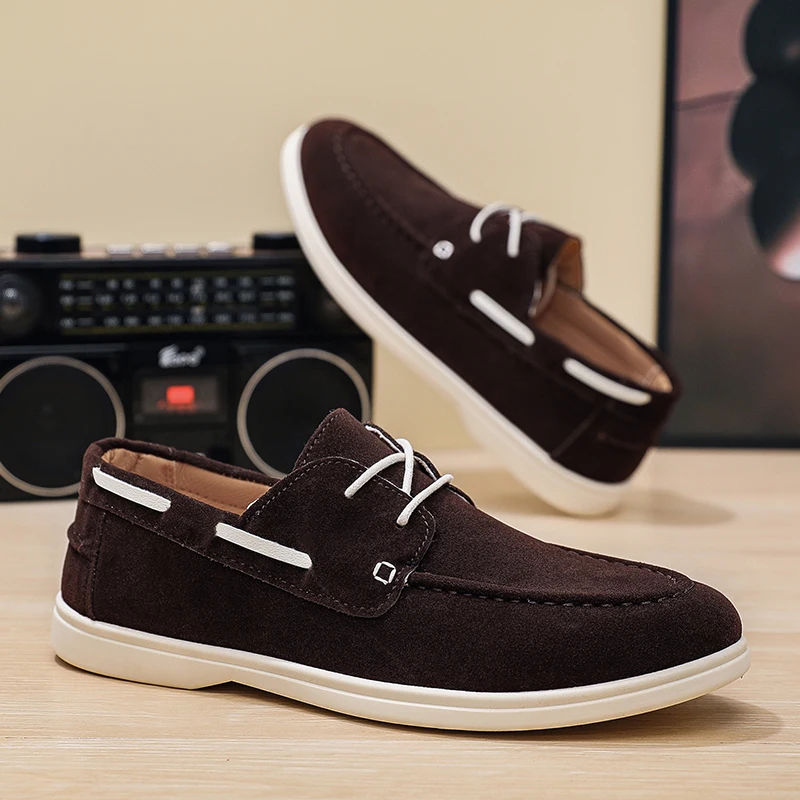 Sepatu Bisnis Pantofel Pria Sepatu Kasual Pria Sol Lembut Kulit Suede Sepatu Gaun Datar Retro Sepatu Slip On Desainer Pria