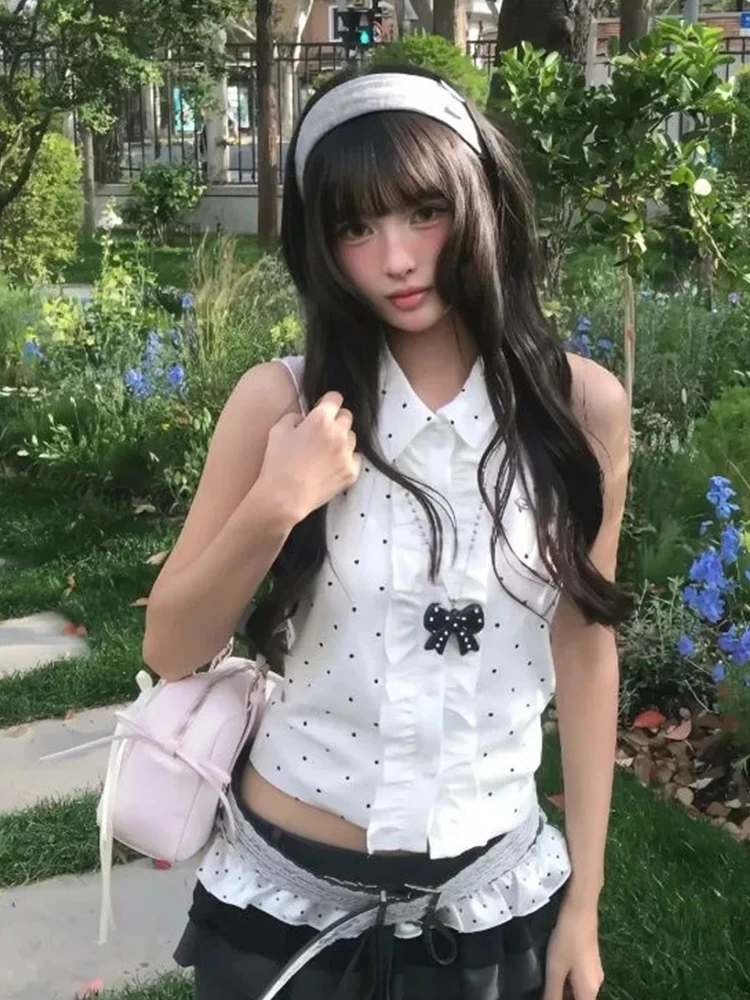 White Polka Dot Ruffle Sleeveless Shirt Top Women's High Waist Shorts Two Piece Set Summer New Design Sense Splicing Fashion