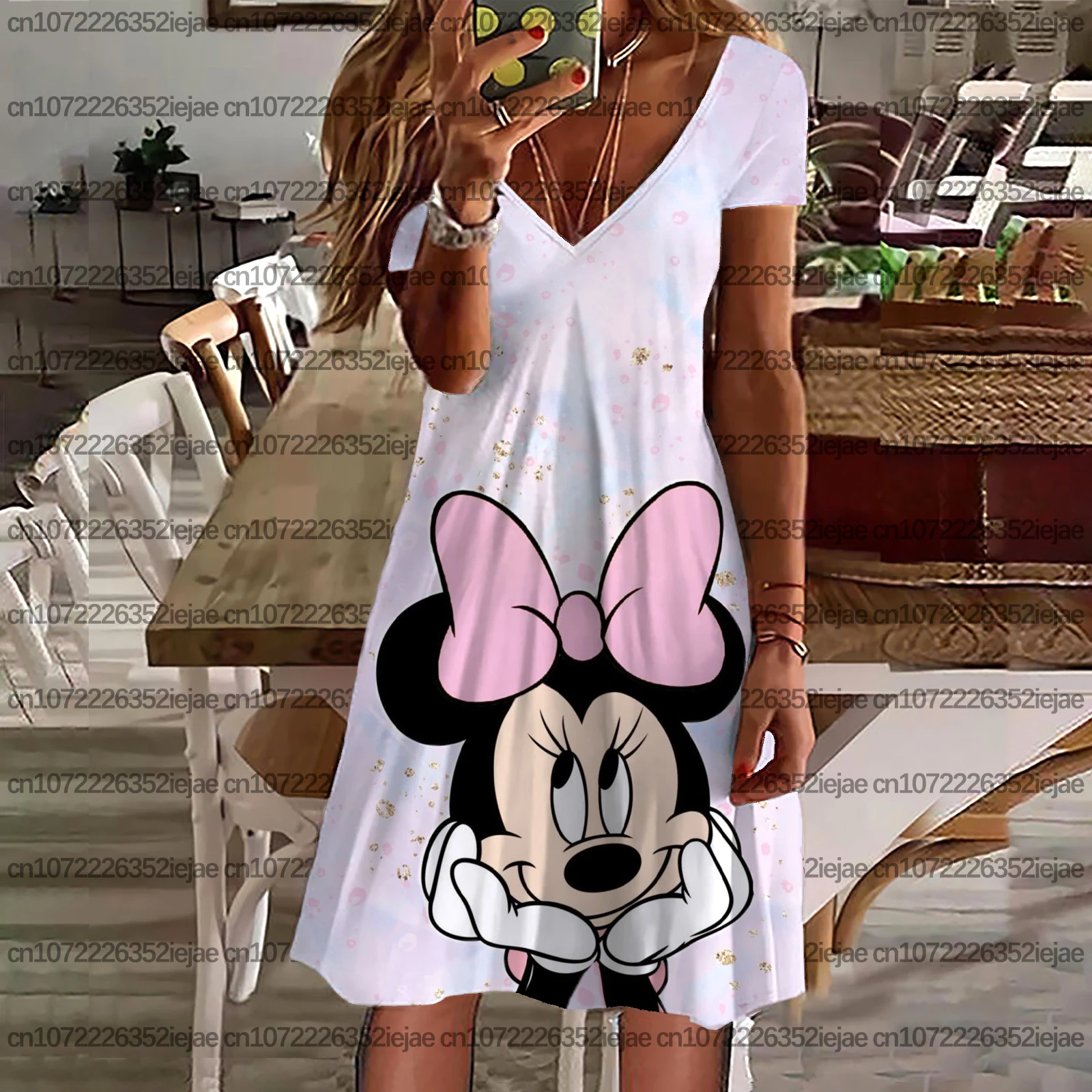 ディズニー ミッキーとミニー プリント レディース カジュアル ルーズ ドレス、クール バケーション トップ、レディース スリップ ドレス、ボヘミアン ビーチ ドレス