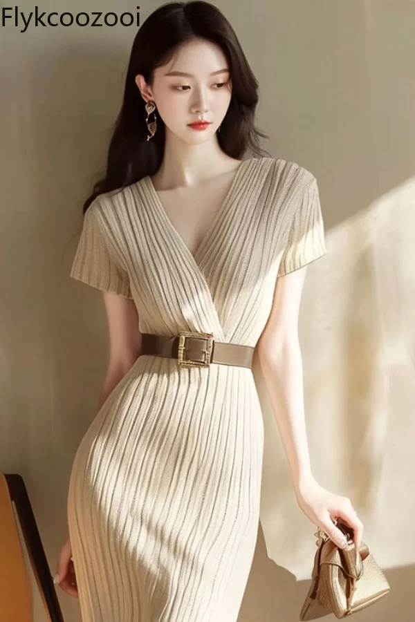 

Flykcoozooi Summer French Style Socialite High-end V-neck Elegant Dress Waist Slimming Khaki Wrap Hip Long Dresses for Women