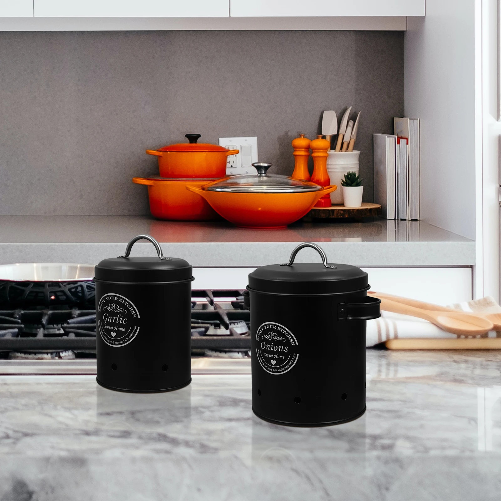

2pcs Vegetable Storage Containers Garlic Holder Countertop Tin Onions Potato Canisters Kitchen Organizers Large Capacity Iron