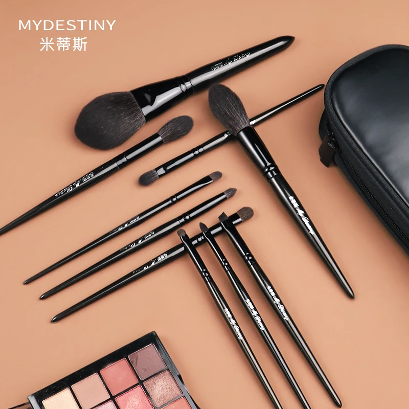 MyDestiny- Black Pearlized Makeup Brush Set 10 Pcs Natural Animal Hair Brush Include Eyeshadow Brush Powder Brush Lip Brush