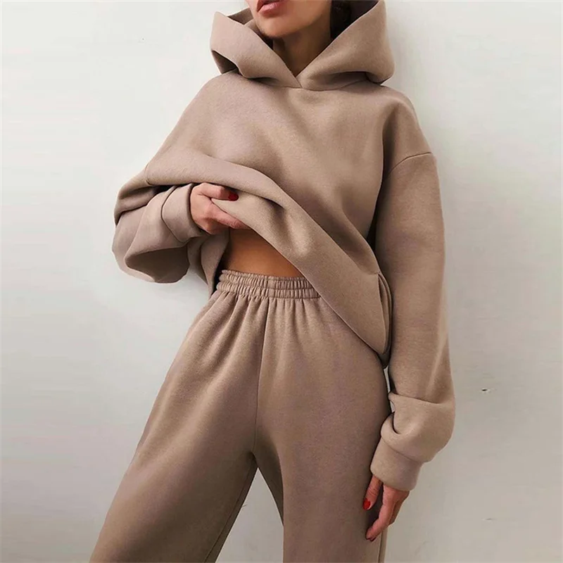 

Women's Tracksuit Suit Autumn Fashion Warm Hoodie Sweatshirts Two Pieces Oversized Solid Casual Hoody Pullovers Long Pant Sets
