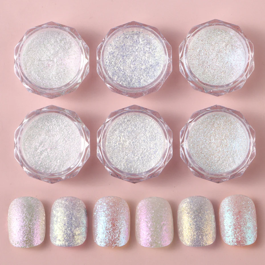 6 scatole Aurora cristallo bianco opale polvere per unghie olografica iridescente glitter paillettes strofinare polvere sirena camaleonte fiocchi manicure fai da te
