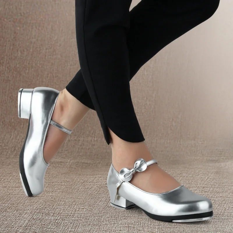 New Women Girls Tap Dance Shoes Shiny Patent PU Leather Laced Glossy Bow Tie Kids Tap Shoes Teacher Stage Dance Shoes