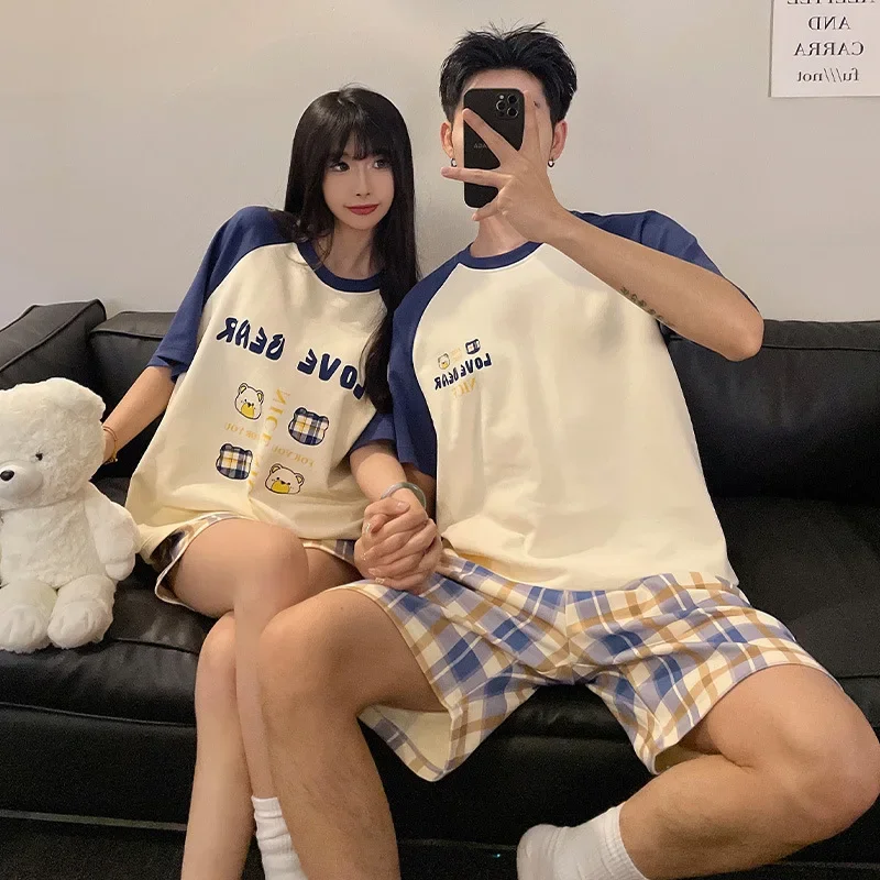 Summer Cotton Pajamas Set Cartoon Cute Loose-fit Home Clothes For Couples Men Women Short Sleeve Bedwear