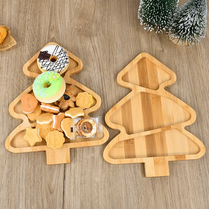 1PC Christmas Wood Tray Santa Tree Shapes Dish Charcuterie Plate Restaurant Desserts Snacks Board Food Appetizers New Year Decor