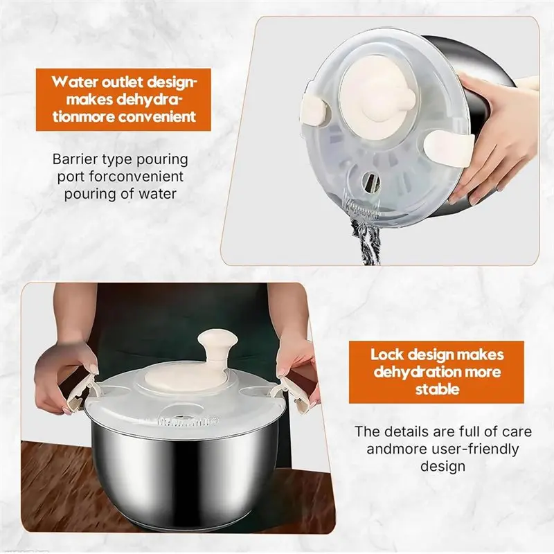 ABMI-Fruit Washer 5.3 Qt Stainless Steel Salad Spinner, Letuce Vegetable Spinners, Dishwasher Safe,
