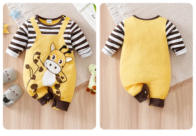 Newborn Baby Rompers Elephant & Giraffe Print Striped Long Sleeve Cotton Soft Jumpsuit Fall Winter Outfit for Toddler Boys Girls