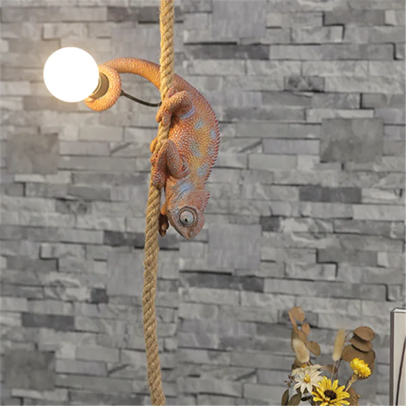 Animal chandelier Resin White color chameleon pendant Lamp For Living Room Hemp Rope Lamp Study coffee Retro pendant light