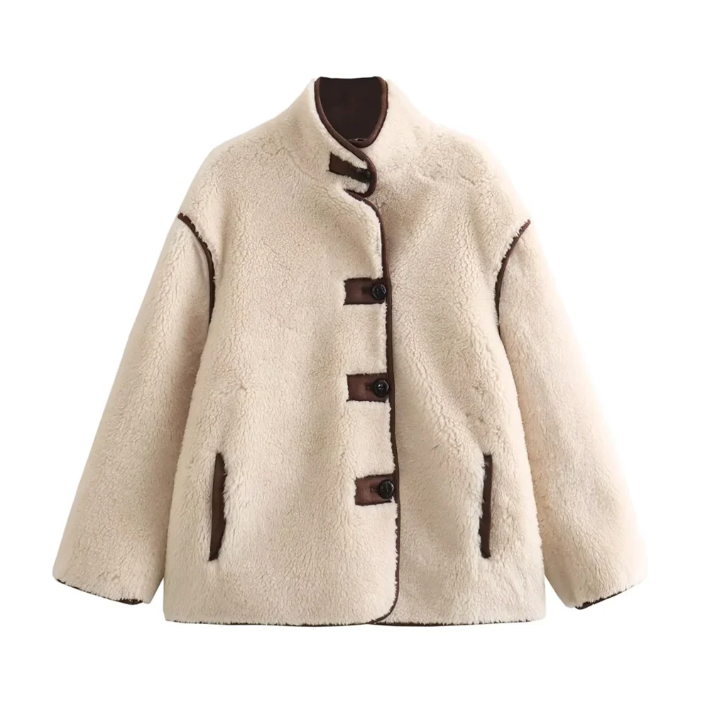 PB&ZA2024 autumn sheep shearing locomotive jacket stand collar short lamb wool pure wool composite fur Haining fur