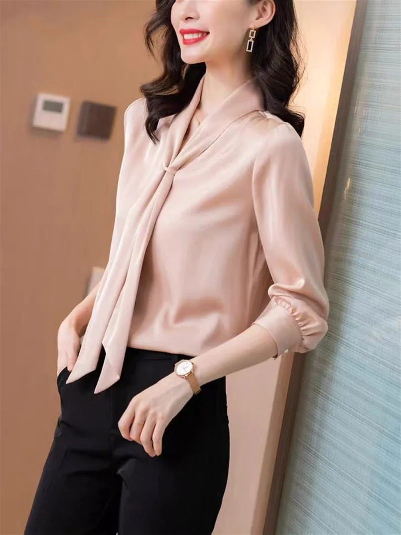 Spring Autumn Long Sleeves Shiny Satin Silk T-shirt Women Luxury Elegant Shirt Lady Scarf Collar Fashion Tee Casual Female Tops