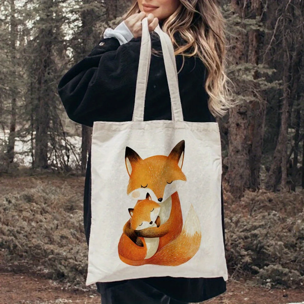 A Fox Family Illustration Pattern Print Canvas Tote Bag, Suitable For Daily Use, Shopping, School, And Travel