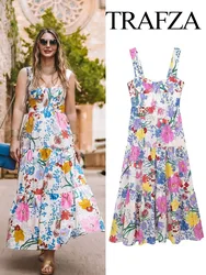 TRAFZA Summer Fashion Women Dresses Print Square Collar Sleeveless Backless Pleated Zipper Female Beach Style Long Dress