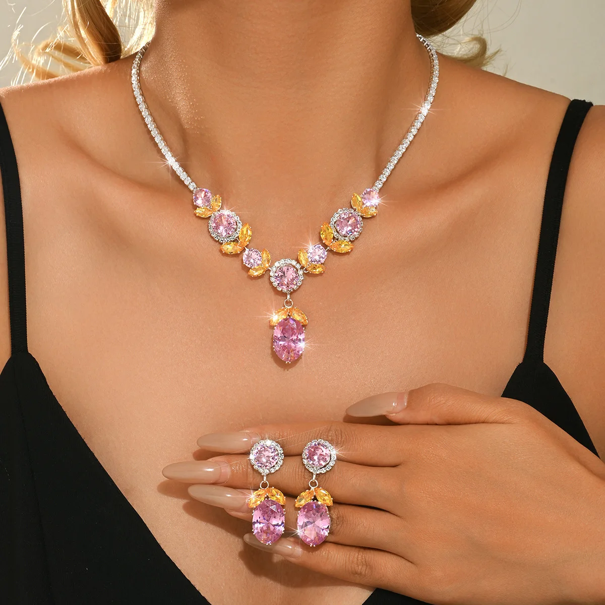 New Ornate Oval Rhinestone Necklace Earrings Set for Women Bridal Wedding Evening Marquise Fan Tennis Contrast Lavish Party Gift