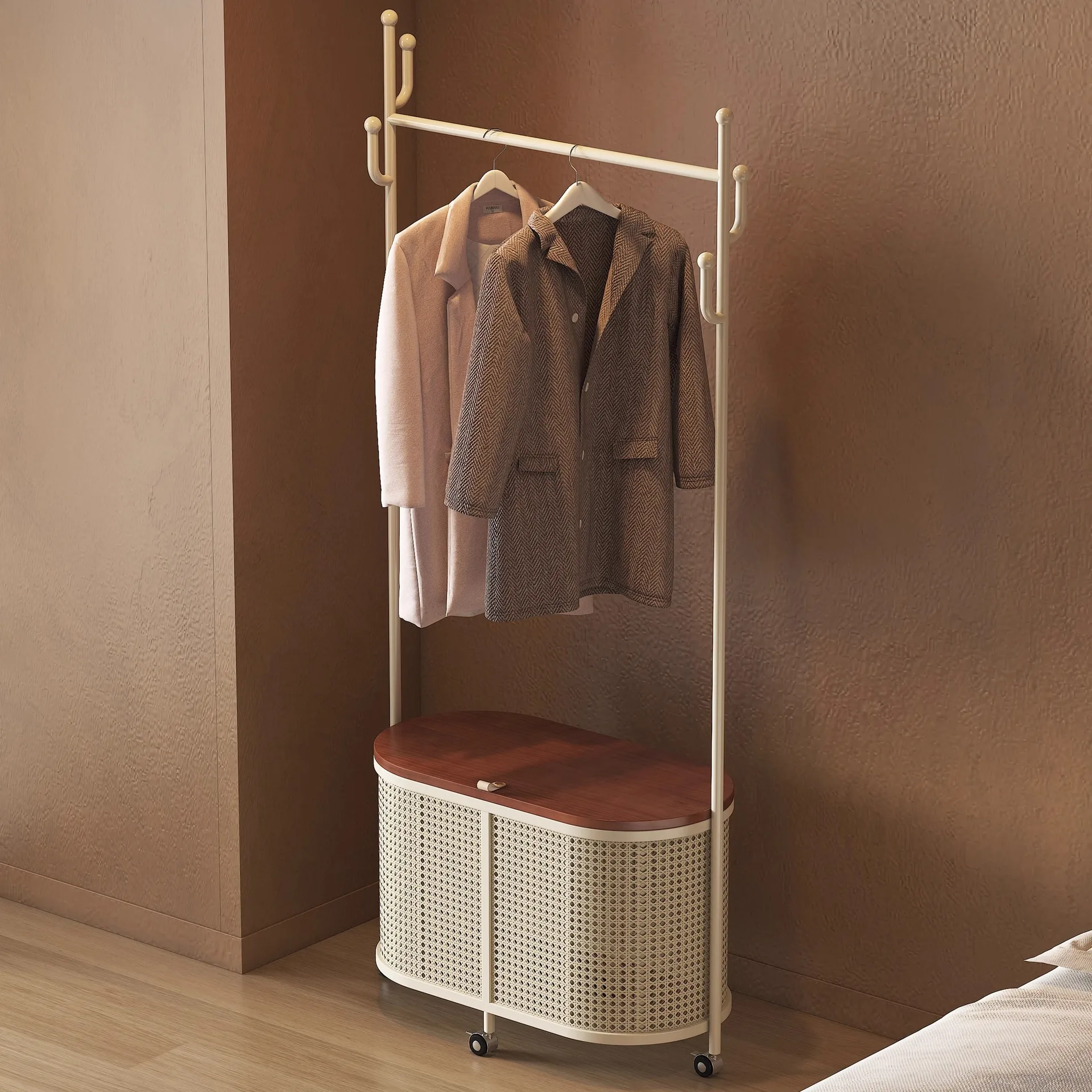 

HYS hanger bedroom floor mobile wrought iron coat rack double rod household storage clothes double layer drying rack