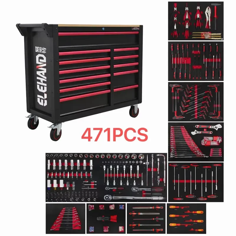 ELEHAND Wholesale Auto Repair Tool Cart Set With Tools 72-tooth Ratchet 7-layer Heavy-duty 471 Pieces Hand Push Tool Cart