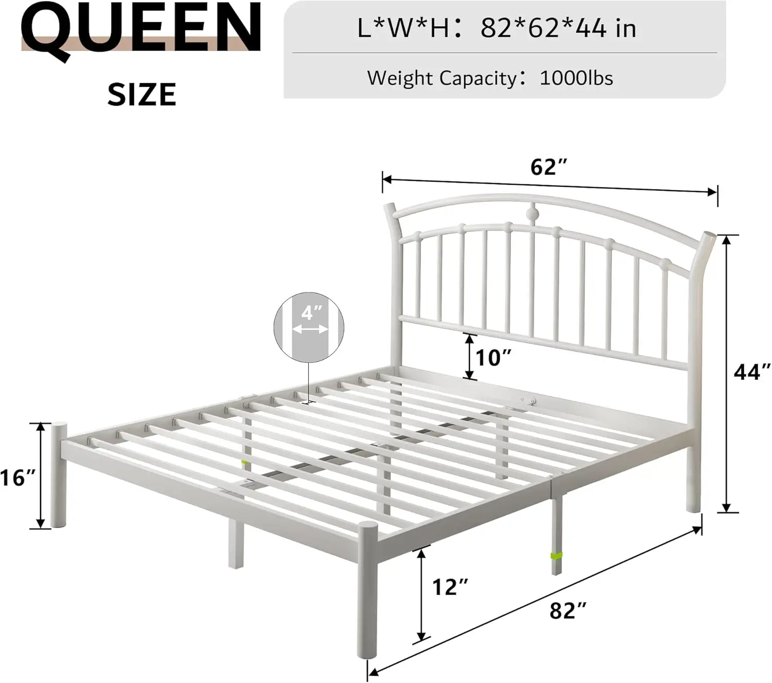 Queen Size Metal Platform Bed Frame with Modern Iron-Art Headboard/Heavy Duty Steel Slats Support/Under Bed Storage