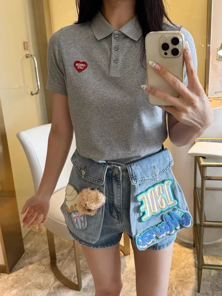 Cute Bear Patchwork Denim Shorts Women Y2K American High Waist Vintage Jean Shorts Streetwear Loose Pocket Wide Leg Shorts