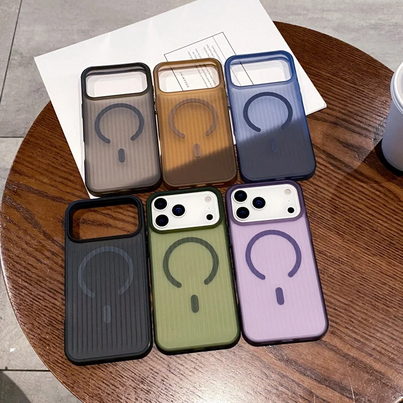 Para magsafe ondulado listra magnética caso de carregamento sem fio para iphone 17 ar 16 15 14 13 12 17 pro max à prova de choque fosco capa