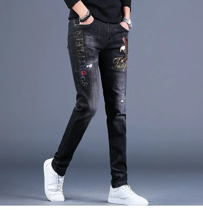 

Korea Version Men’s Noble Black Jeans, High Quality Slim Stretch Jeans,Light Luxury Eagle Embroidery Jeans, Sexy Ripped Jeans;