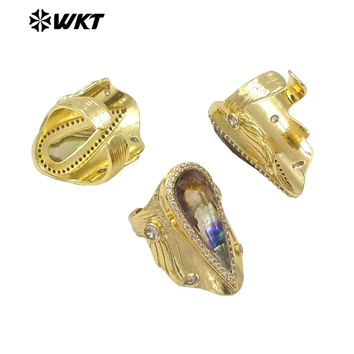 WT-MPR090   WKT 2024 Amazing Natural Shell18K Gold Plated LAdy Party Ring Adjustable Wedding Jewelry Big Design Grand