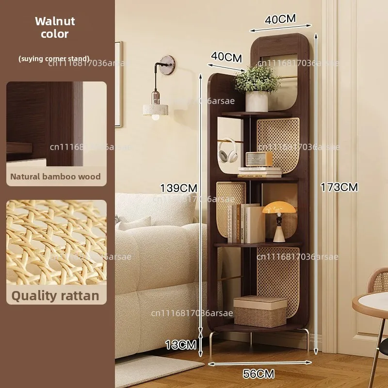 Retro solid wood triangular corner cabinet rattan living room multi-layer storage cabinet study storage