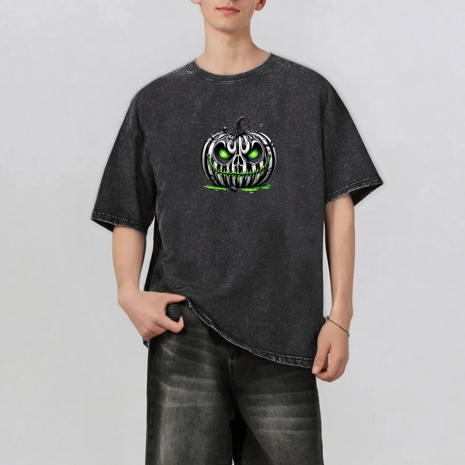 

Pumpkin Pattern Rint Men's Summer Retro Style Washed Water T-Shirt Casual Short Sleeved Basic Men's Top 230G