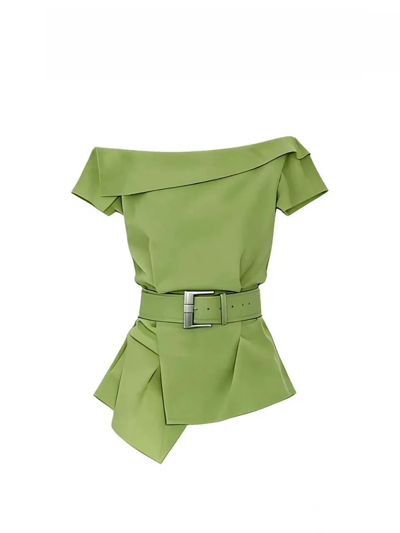 

Chic Green Women's Shirt Waist-Cinching Asymmetrical Shoulder Design Elegant Commute Top Fashionable Short Sleeve One-Shoulder