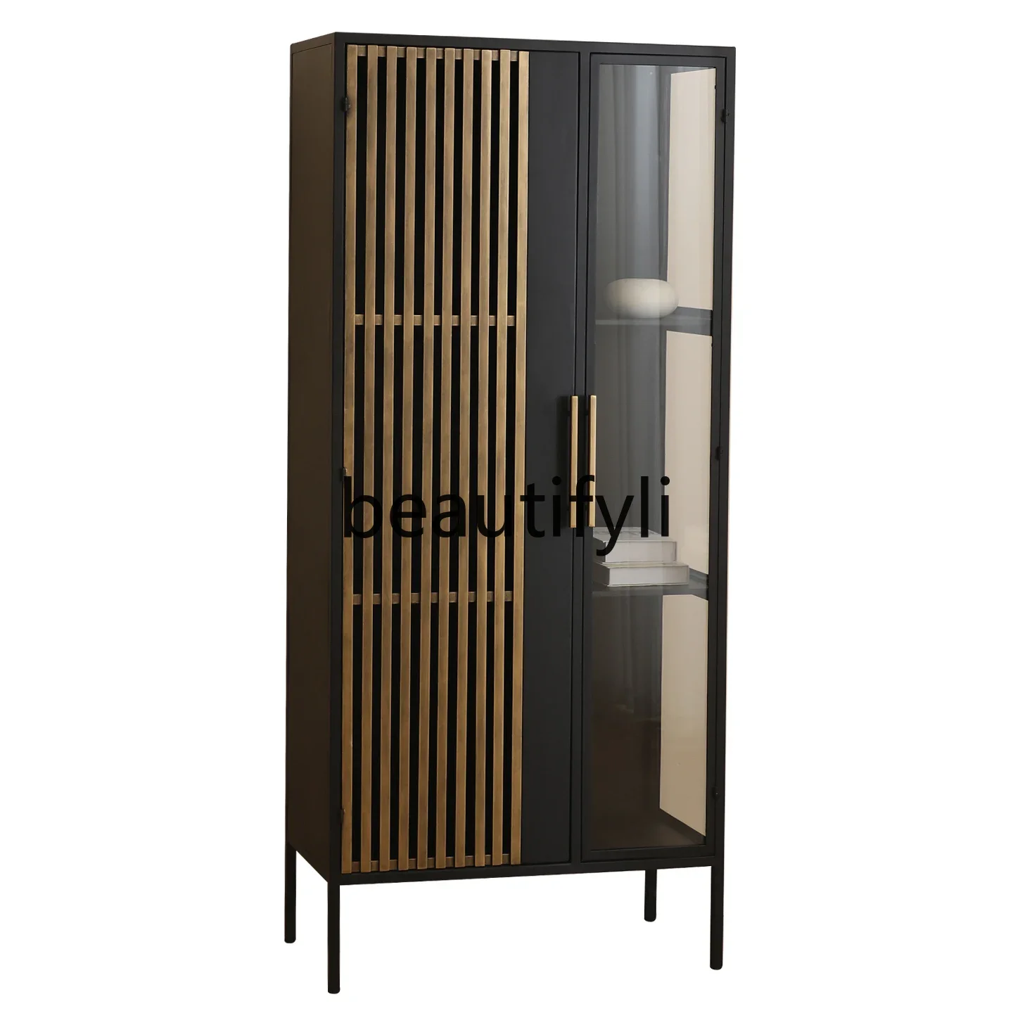 

yj57 Installation-free retro metal wine cabinet living room, integrated wall display cabinet household glass storage cabinet