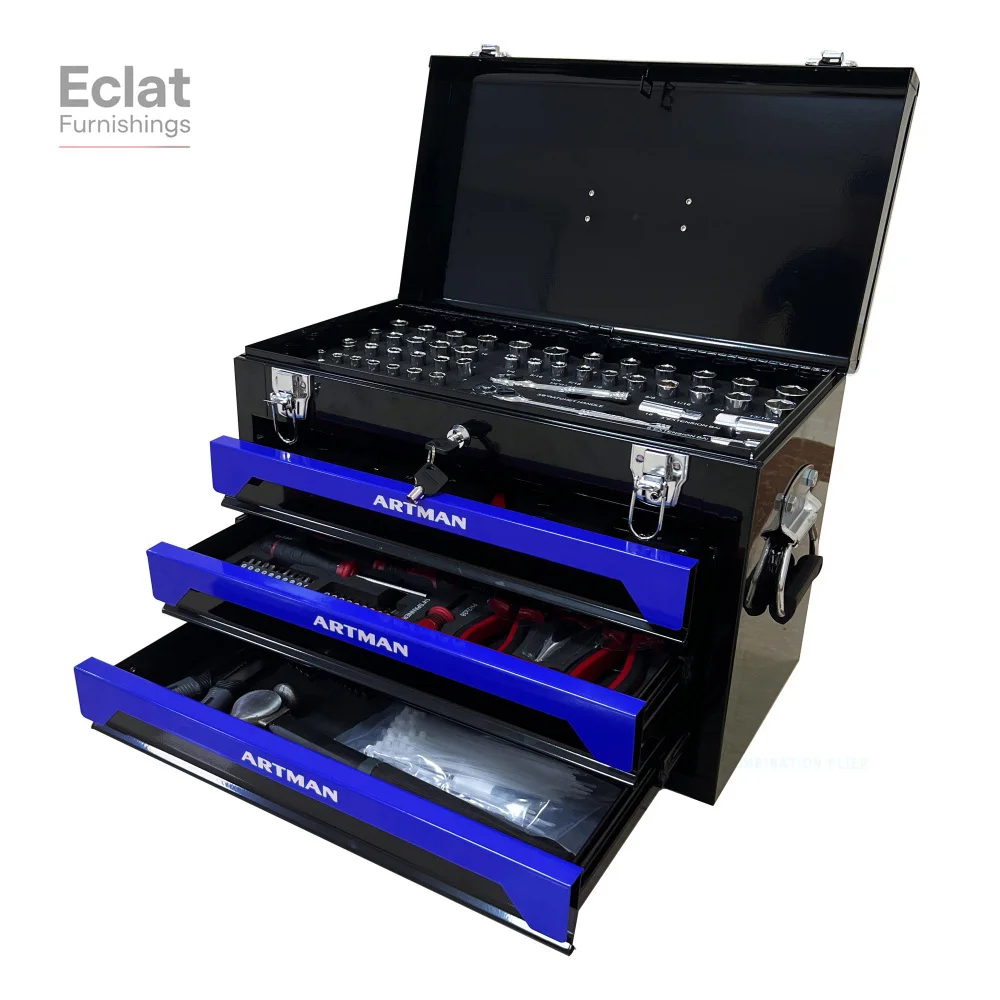 

Tool Box With Tool Set 3 Drawers Metal Toolbox Portable Tool Chest Organizer With Ball-Bearing Drawer Slides For Garage Workshop