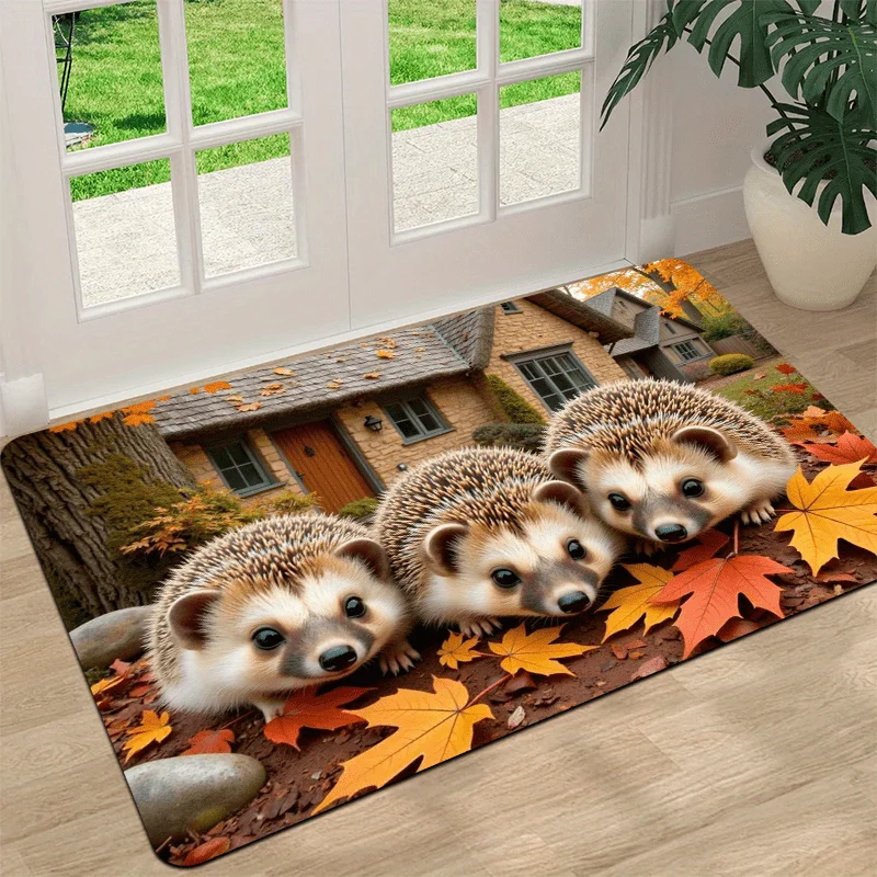 2D Flat Three Hedgehogs Autumn Leaves Cute Animal Flannel Door Mat Non Slip Seasonal Decor Rug For Entryway Floor