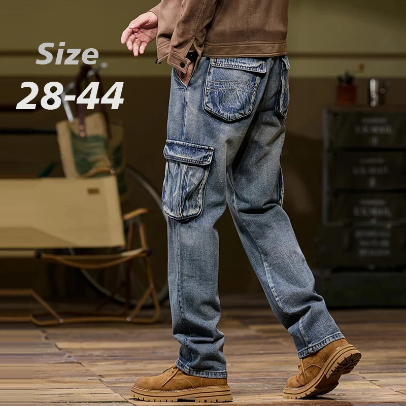 2025 Herren neue elastische amerikanische Retro-Multi-Pocket-Arbeiter für Denim-Herrenhosen, lockere, große, dreifarbige Hosen