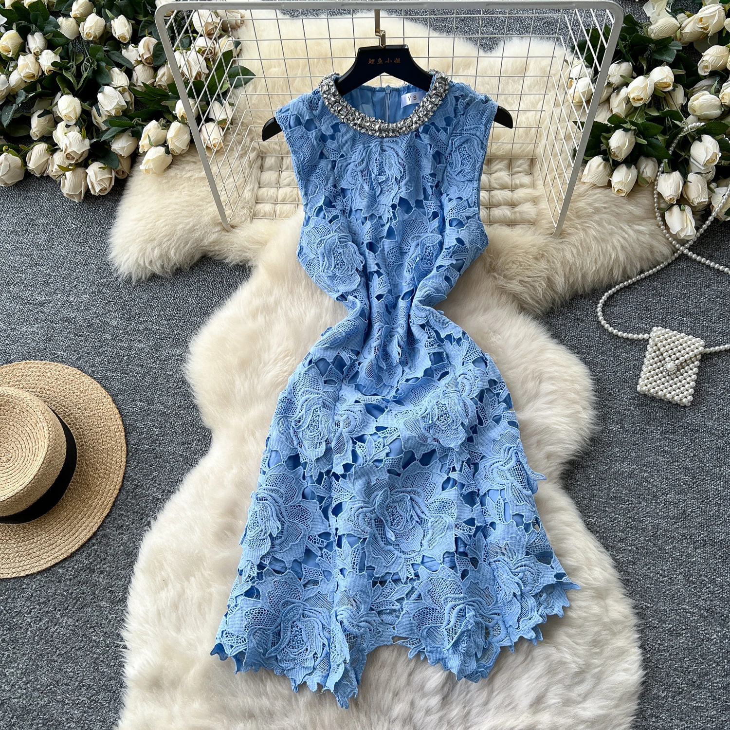 

ALPHALMODA 2025 Summer New, Diamond Round Neck, Sleeveless, Hollow Hook, Lace Dress, Irregular Hem, Women Cute Dress