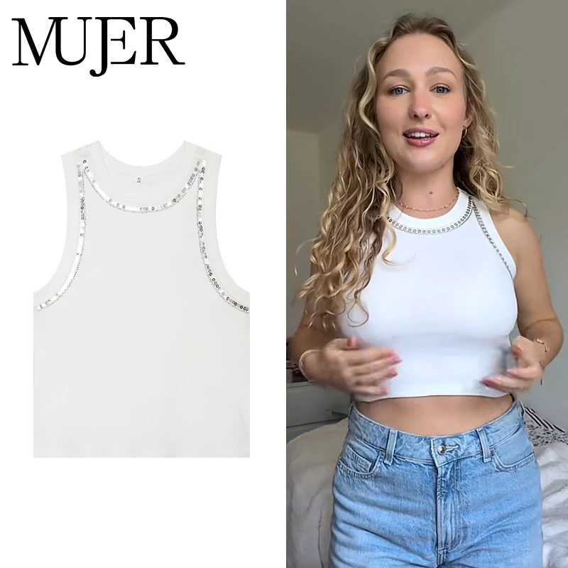 MUJER 2026 Pailletten-Tanktops für Damen Sommer Korsett Crop Top Lässiges Ärmelloses Damen-Oberteil Urlaubs-Strand-Top für Frauen