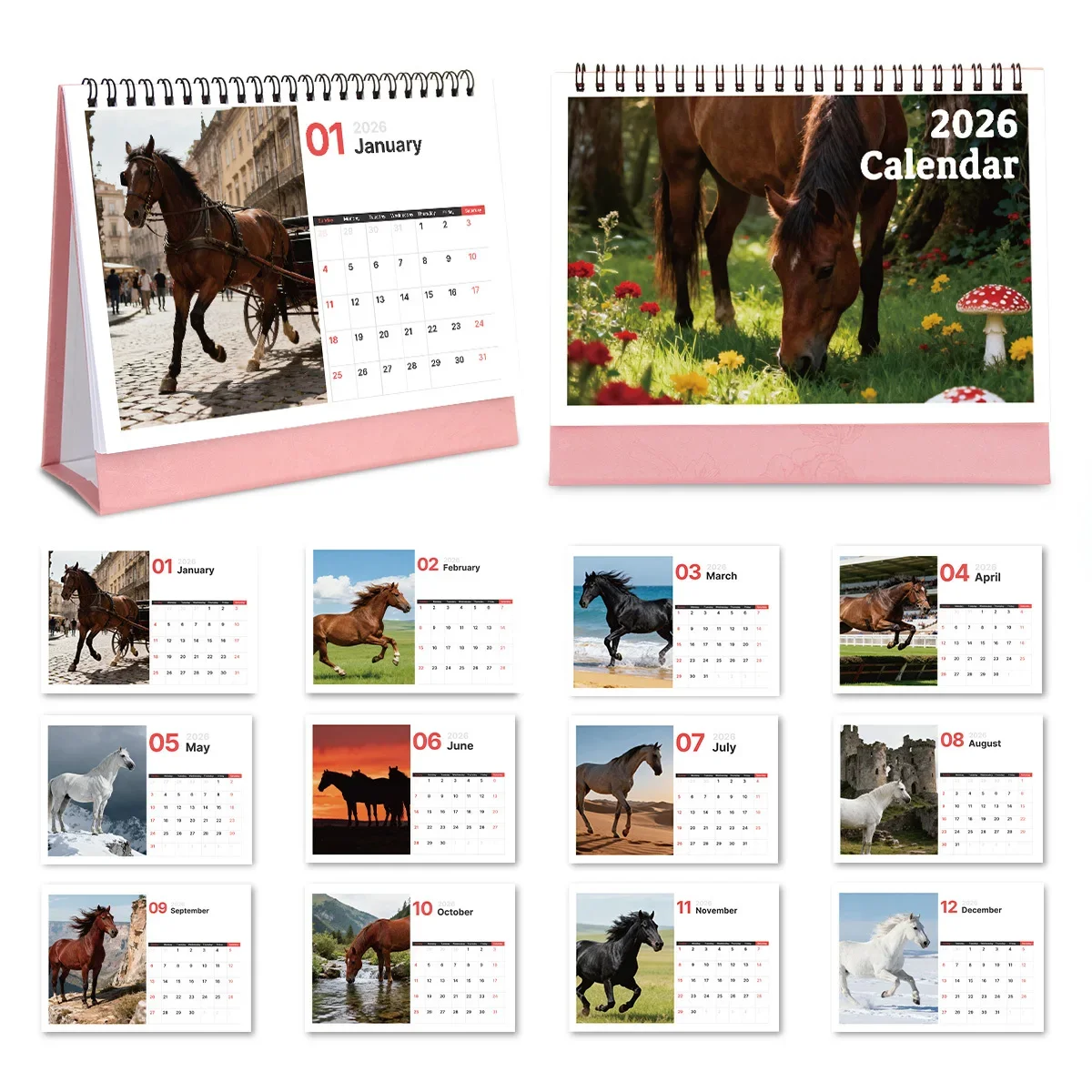 

1PC Vibrant Horse-Themed Desktop Calendar for Office Desk & Home Setting Ideal for Horse Fans Perfect 2026 New Year Gift